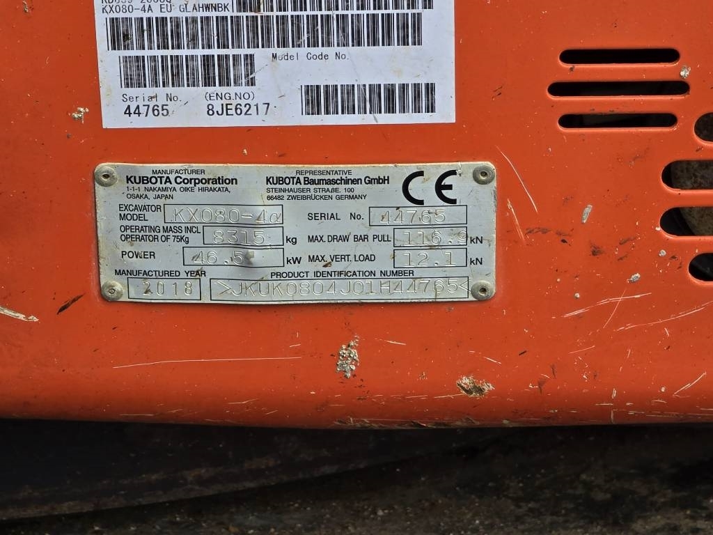 2018 Kubota KX 080-4, 4 290 mth, dovoz Skladom v EÚ — foto 8 z 8