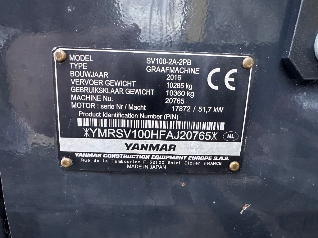 2016 Yanmar SV 100-2A-2PB 10 tons graafmachine, 2 879 mth, dovoz Skladom v EÚ — foto 7 z 11