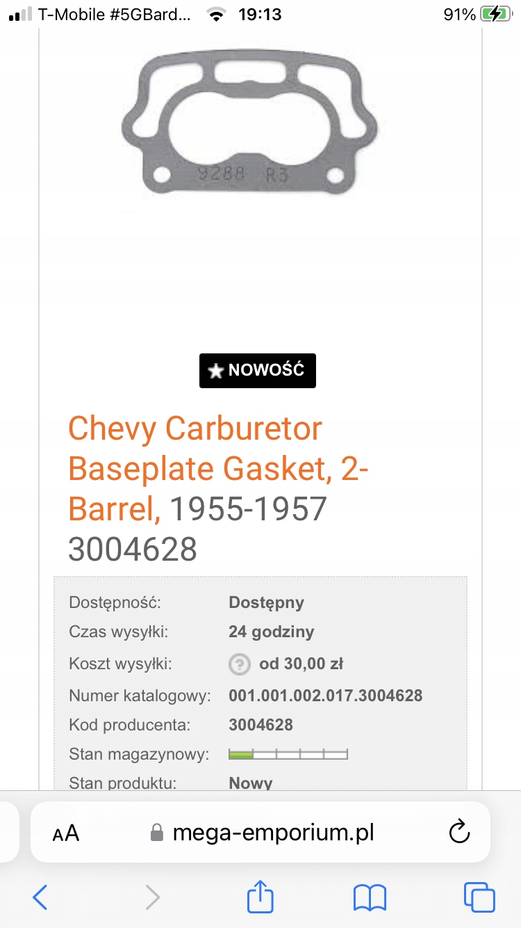 Chevy Carburetor Baseplate Gasket, 2-Barrel, 1955-1957 3004628, Skladom v EÚ — foto 1
